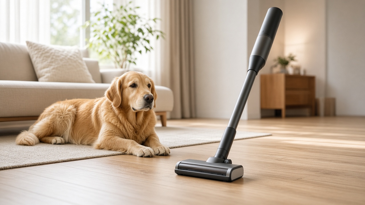 Foto van een hond bij zijn mand met losse haren op de vloer en een steelstofzuiger ernaast