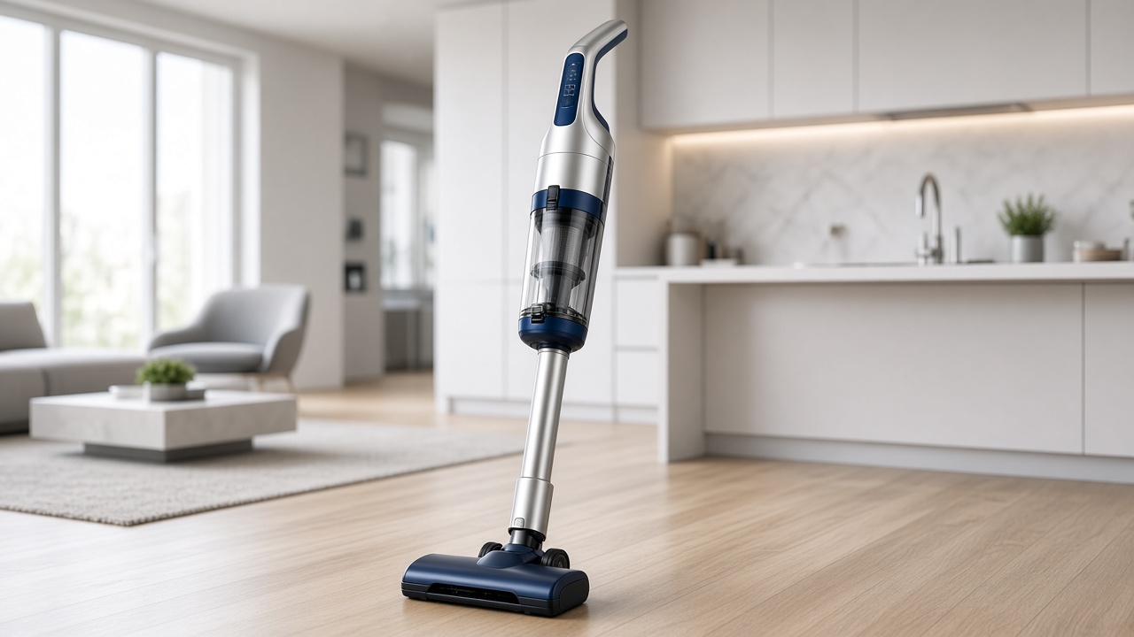 Blauwe steelstofzuiger met een dubbel laadstation waarin twee accu's opladen