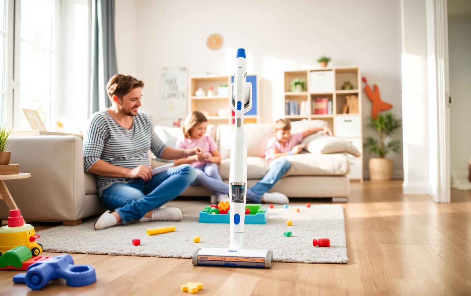 Wit-blauwe steelstofzuiger in een lichte gezinswoonkamer